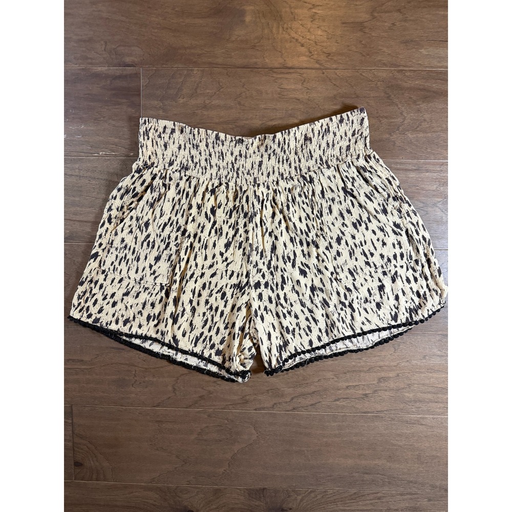 Three Dots Womens XXL Animal‎ Print Smocked Waist Pom Pom Trim Rayon Shorts Tan